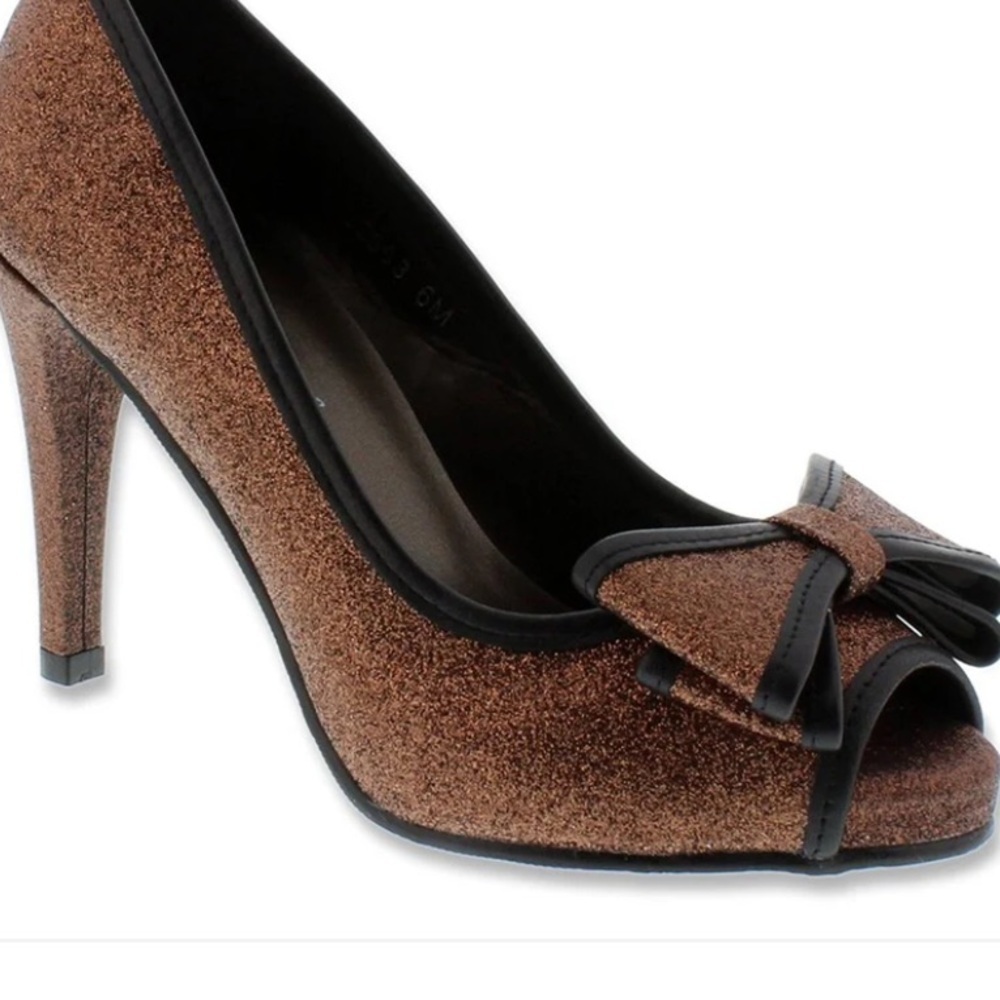 Rose Petals Copper Bling glitter Bow Heels with leather Trim